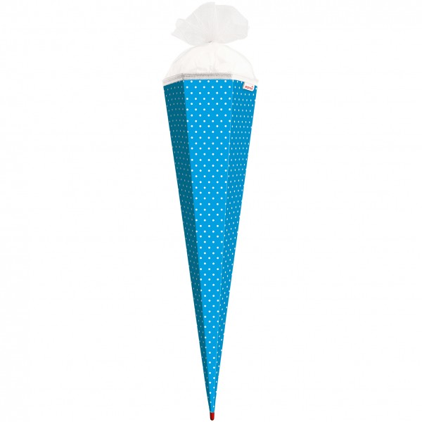 Basteltüte, Pazifikblau - weiße Punkte, 85 cm, eckig, Rot(h)-Spitze, Tüllverschluss