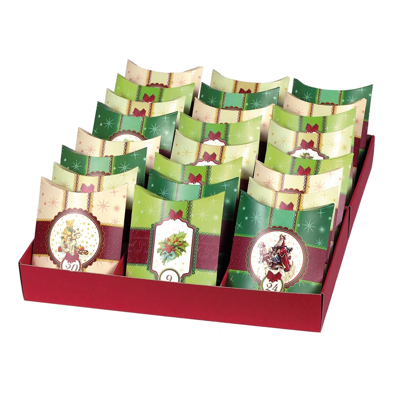 24 Adventskissen mit 24 Kissenverpackungen stehend in Box